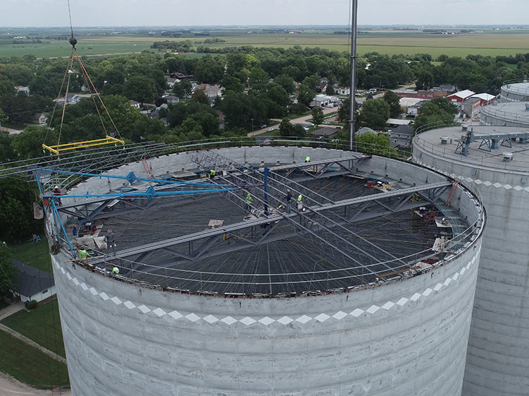 Top of a grain bin featuring steel joist and joist girders